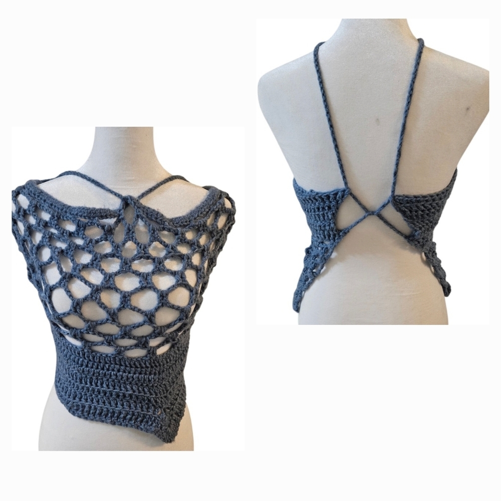 Handmade 4 ways Crochet Summer Top One-of-a-kind Blue Fishnet Bikini Crop-Top - Picture 13 of 17